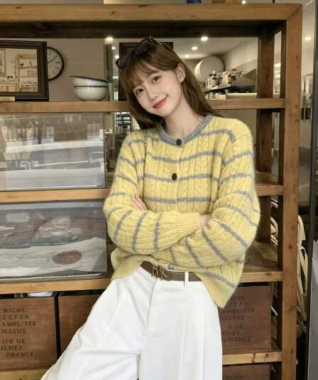 루즈핏 느긋한 바람 파란색 스트라이프 스웨터 여성 코트 가을 겨울철 부드러운 한 부서 캐주얼 니트 오픈 가디건 맨위