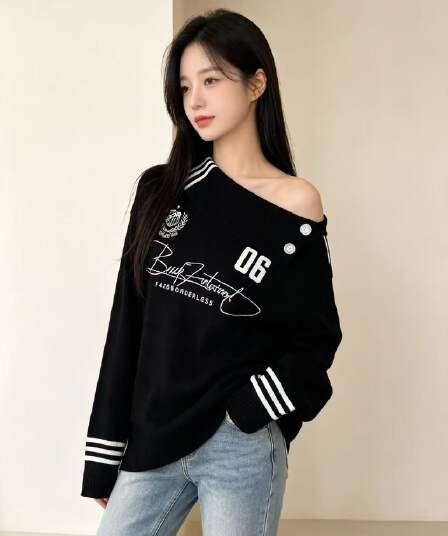 2026 가을 겨울철 새로운 오프숄더 배색 레트로 학원 스웨터 슈퍼 잘 생긴