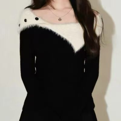 한 부서 다용도 겨울 새로운 보트넥 배색 니트 스웨터 달콤함 디자인 긴팔 몸매 가꾸기 만나는 맨위