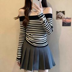 批发原版质量纯欲辣妹露肩<b class='q'>黑白条纹</b>针织长袖显瘦气质百搭打底上衣