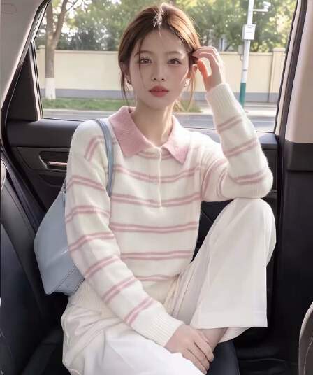 한 부서 핑크색 스트라이프 POLO 칼라 긴팔 니트 스웨터 여성 가을 겨울 달콤함 루즈핏 슬림해 보이는 고유 한 아름다운 스웨터