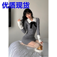 批发韩国学院小香风针织<b class='q'>连衣裙</b>女秋冬蝴蝶结收腰显瘦高级感打底毛衣裙