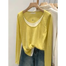 批发1*1人棉】早秋季撞色假两件长袖打底衫女装百搭叠穿T恤上衣