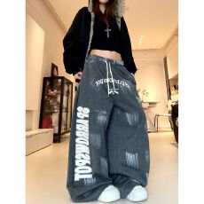 批发纯棉复合喷墨复古做旧字母抽绳<b class='q'>休闲裤</b>男女宽松垂感阔腿长裤