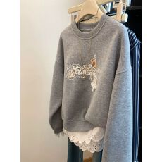 批发CVC华棉复合真超】特大码300斤刺绣拼接蕾丝花边加绒卫衣<b class='q'>女</b>