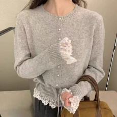 批发韩系蕾丝花边系带收腰<b class='q'>针织</b>背心女春秋温柔风软糯气质叠穿<b class='q'>开衫</b>马甲