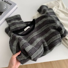 批发原版面料】特<b class='q'>大码</b>300斤条纹T恤女加厚糯米绒冬仿兔绒<b class='q'>打底衫</b>