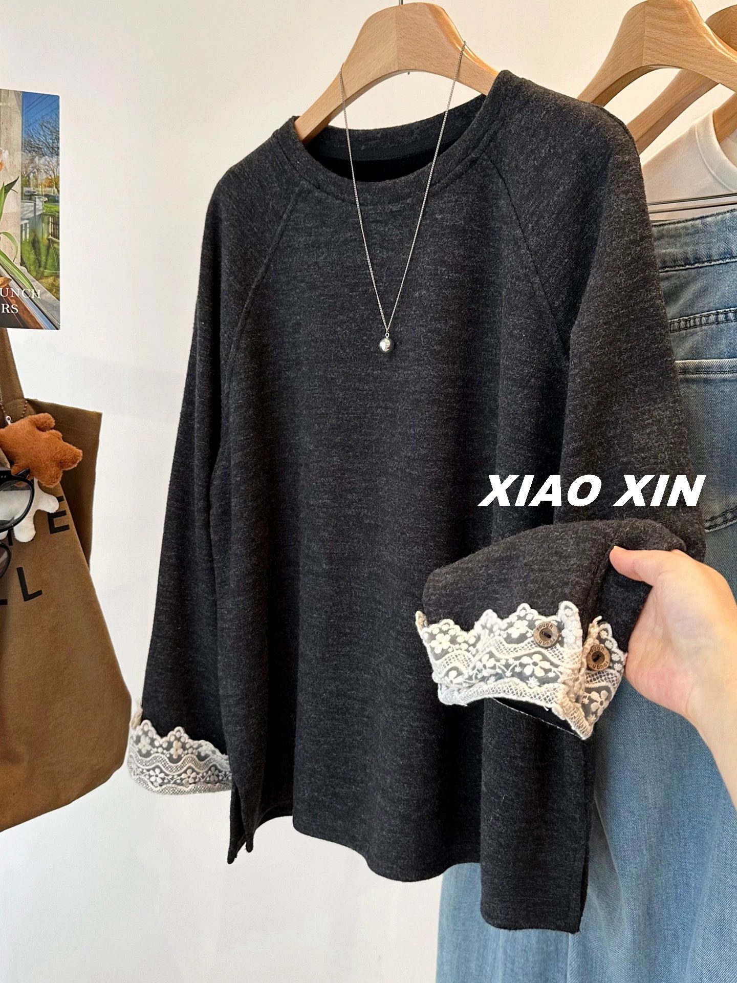 De 플러시 복잡한 진짜 슈퍼 특별 빅 사이즈 300 근 레이스 레이스 소매 루즈핏 털이 있는 후드티 여성 티셔츠 맨위