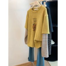 批发德绒】特大码300斤磨毛加厚拼接条纹长袖T恤女假两件上衣