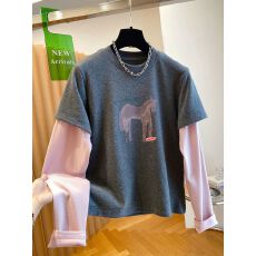 批发德绒】特大码300斤超好看小马印花t恤女<b class='q'>长袖</b>假两件上衣