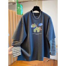 批发21支纯棉+广州条纹布】特<b class='q'>大码</b>300斤假两件长袖t恤女早春上衣