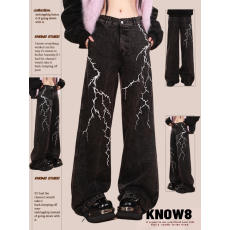 批发美式复古水洗做旧半<b class='q'>松紧腰</b><b class='q'>牛仔裤</b>男女宽松直筒阔腿长裤子