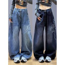 批发秋冬新款美式复古刺绣弯刀牛仔<b class='q'>裤</b>女宽松阔腿长<b class='q'>裤</b>百搭显瘦<b class='q'>裤</b>子