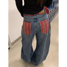批发美式炸街配腰绳<b class='q'>格子</b>拼接牛仔<b class='q'>裤</b>男女小众复古阔腿直筒拖地长<b class='q'>裤</b>潮流