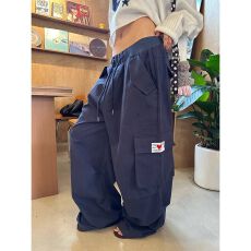 批发原宿ins潮流文艺新款时尚慵懒松紧腰抽绳拼色多口袋休闲裤日系