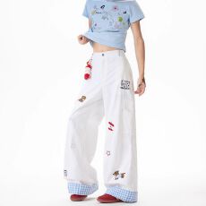 批发带公仔配件】趣味苹果小狗刺绣工装<b class='q'>裤</b>女<b class='q'>格子</b>翻边设计感宽松直筒<b class='q'>裤</b>