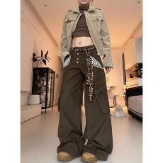 批发潮流流行原宿日系慵懒文艺豹纹拼接排扣水洗工装裤简约新款气质