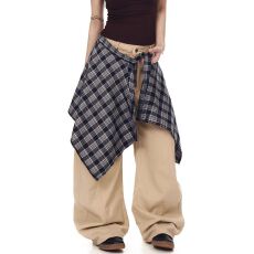 批发大码美式街头黑色拼接<b class='q'>格子</b>裙摆运动<b class='q'>裤</b>女装秋冬季宽松假两件休闲<b class='q'>裤</b>