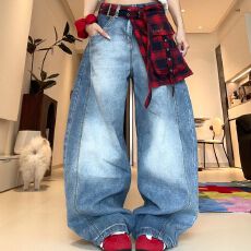 批发封屁帘叠穿】水洗高街美式复古弯刀<b class='q'>格子</b><b class='q'>裤</b>子直筒阔腿宽松牛仔<b class='q'>裤</b>女
