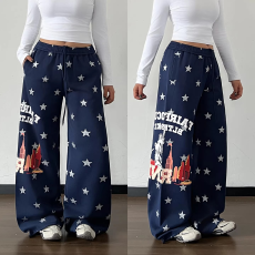 批发美式街头城市星星印花直筒<b class='q'>休闲裤</b>男<b class='q'>女</b>宽松阔腿设计感百搭抽绳卫裤