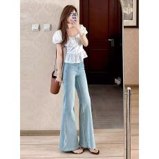 批发浅蓝色高腰微喇<b class='q'>牛仔裤</b>女新款浅色<b class='q'>弹力</b>修身显瘦喇叭加长拖地裤