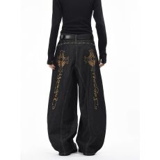 批发美式潮牌十字架刺绣水洗牛仔裤<b class='q'>男</b>女解构宽松阔腿弯刀长<b class='q'>裤子</b>