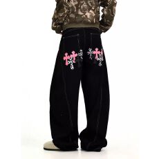 批发美式复古阔腿弯刀原牛仔裤<b class='q'>男</b>女潮牌宽松百搭十字架刺绣休闲长<b class='q'>裤子</b>