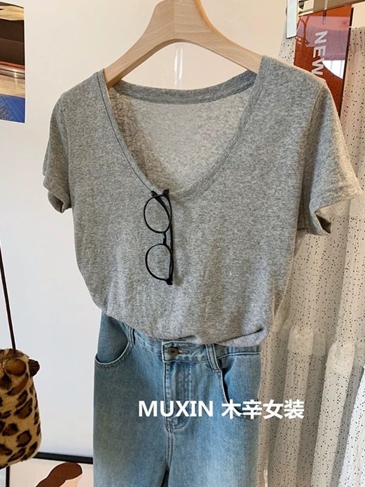 눈꽃 면 특별 빅 사이즈 300 근 한국 스타일 Chic 단색 얇은 스타일 반팔 티셔츠 여성 여름 슬림해 보이는 맨위
