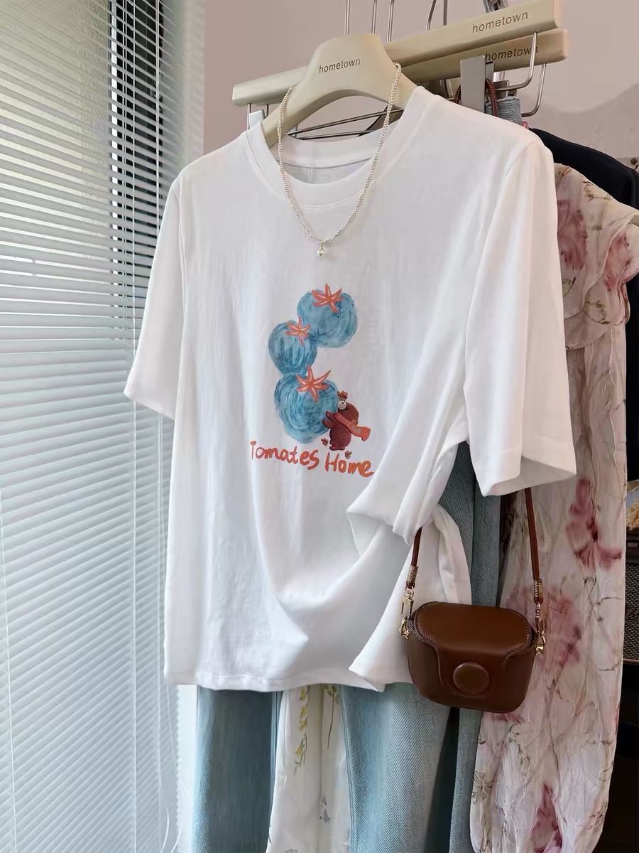 눈꽃 면 특별 빅 사이즈 300 근 레트로 유화 과일 눈꽃 면 반팔 티셔츠 여성 동정