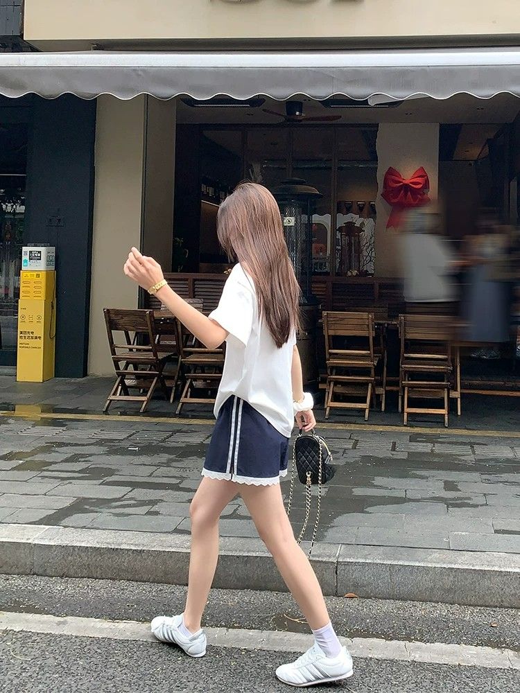 3 차원 허리 머리 한 부서 레이스 측면 운동 캐주얼 반바지 여성 2026 새로운 여름 하이웨이스트 루즈핏 와이드 레그 팬츠