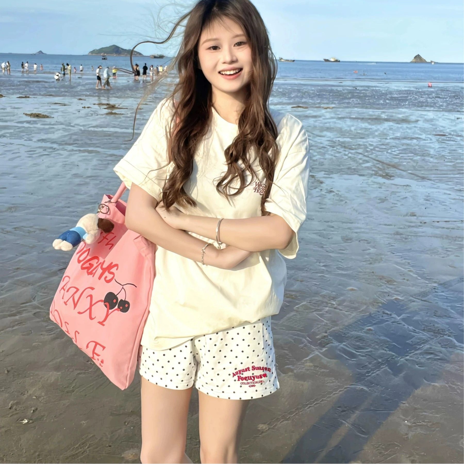 3 차원 허리 머리 자수 도트 무늬 캐주얼 반바지 여성 여름 새로운 하이웨이스트 루즈핏 한 마디 아메리칸 운동 넓은 다리 핫 바지