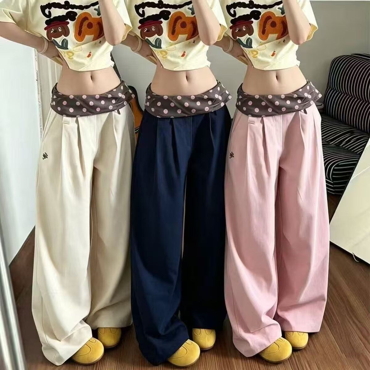 새로운 핑크색 한 부서 허리밴드 배색 와이드 레깅스 바지 봄날 착용 가져 가라. 루즈핏 스트레이트 캐주얼
