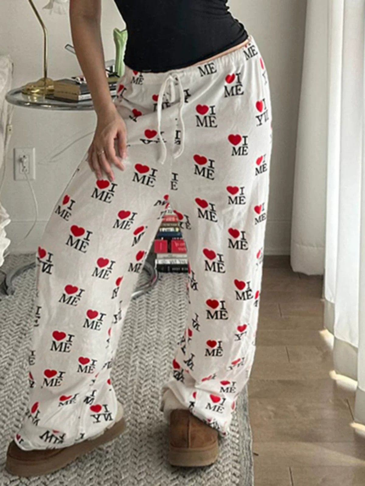 아메리칸 장난기 넘치는 귀여운 고양이 하트 전체 인쇄 캐주얼 바지 여름 루즈핏 명중 Pleat 디자인 느긋한 다용도 ins 긴 바지