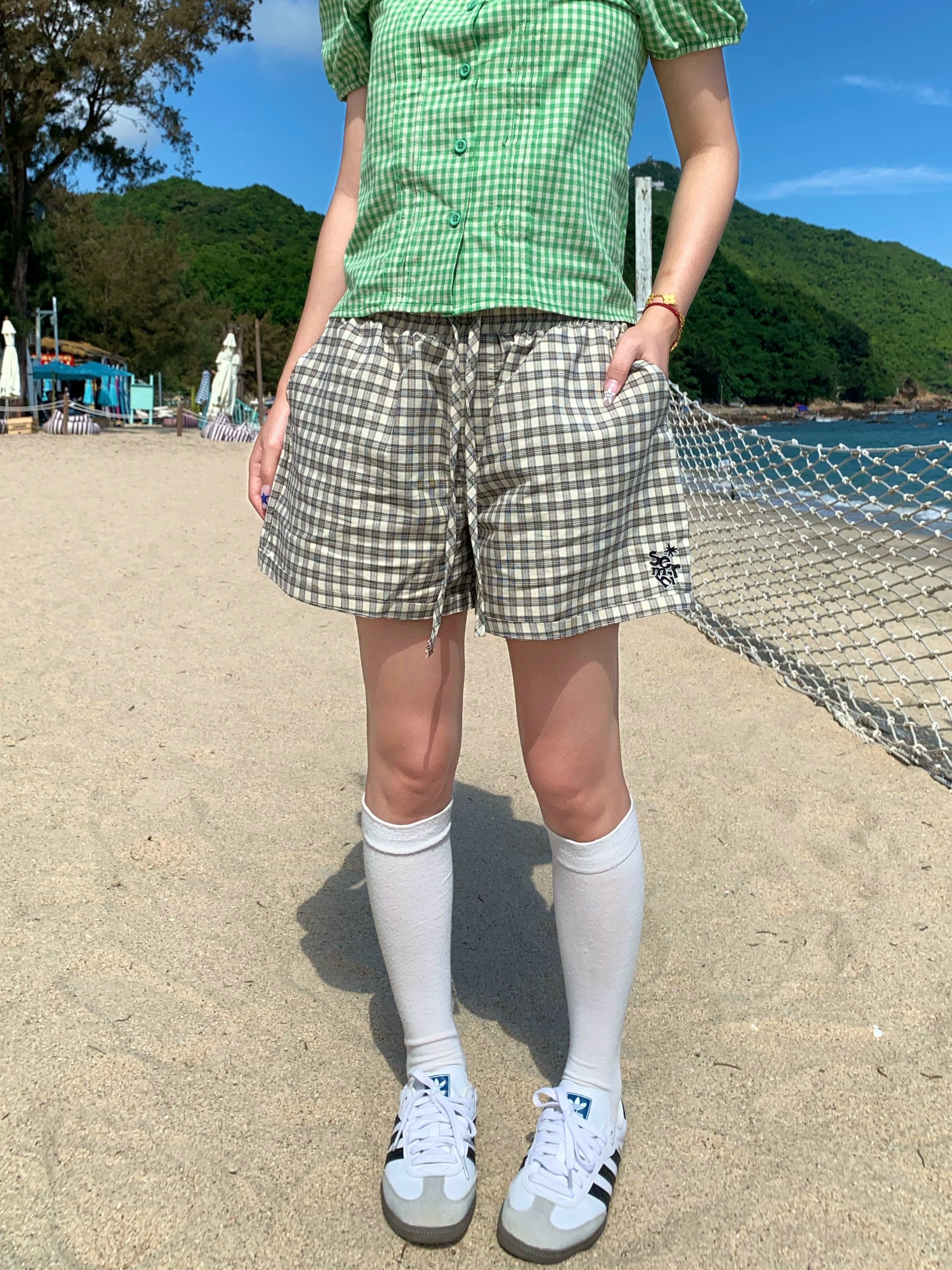 3 차원 허리 머리 자수 체크무늬 패치워크 색상 스트레이트 펌프 로프 3 점 반바지 여성 핫걸 캐주얼 슬림해 보이는 다용도 반바지