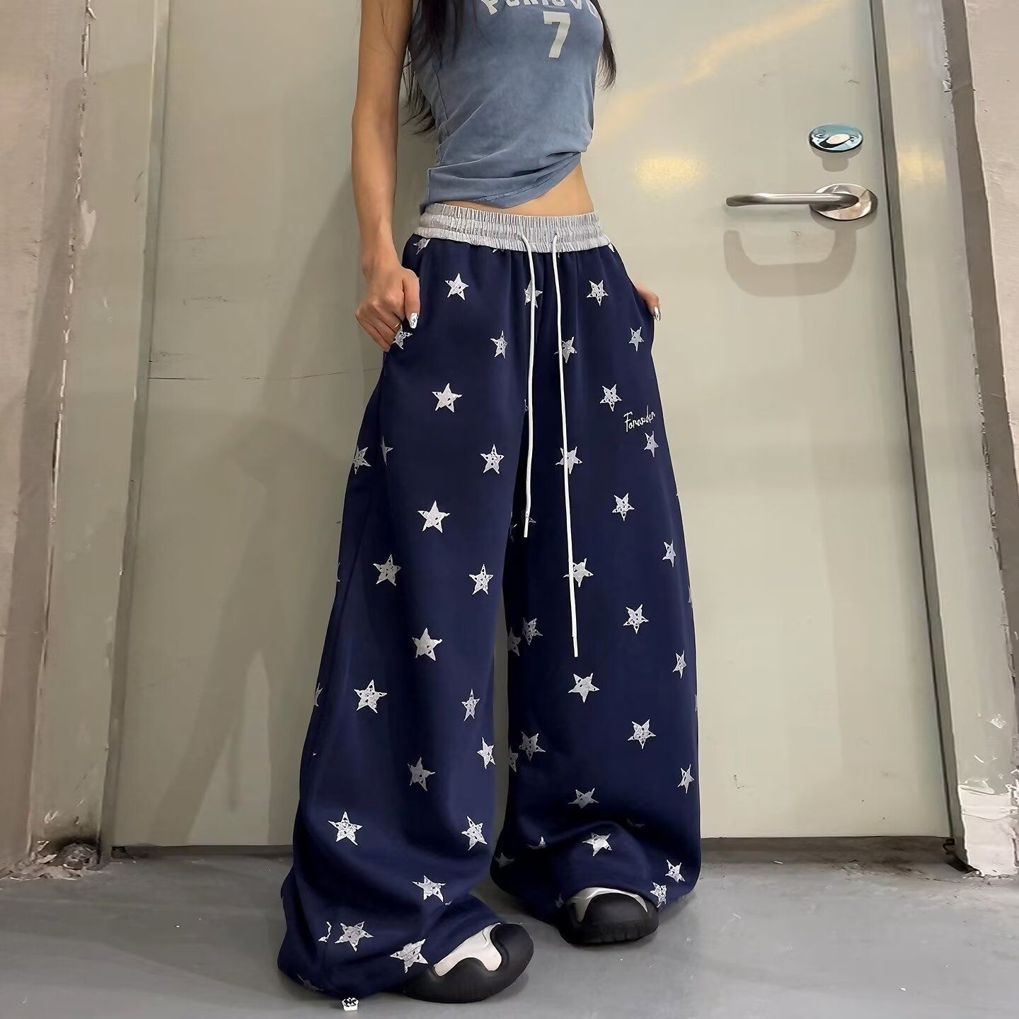 아메리칸 레트로 배색 별 모통이 칼 웨이 바지 남녀 재즈 댄스 루즈핏 와이드 레그 팬츠 캐주얼 바지 디자인 센스