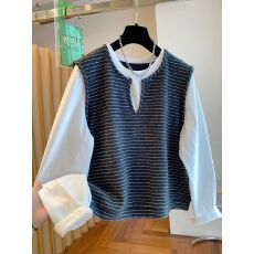 批发原版面料】特大码300斤条纹假两件长袖T恤女<b class='q'>秋</b>季宽松上衣