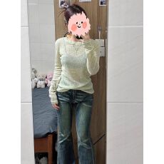 批发薄荷曼波软糯微透设计感针织<b class='q'>衫</b>女春夏季宽松圆领<b class='q'>空调</b>罩<b class='q'>衫</b>长袖上衣