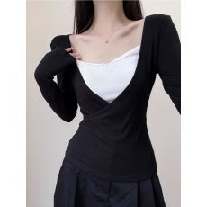 批发40支酷丝绵1×1设计感撞色拼接<b class='q'>T</b><b class='q'>恤</b>女秋季修身假两件长袖上衣