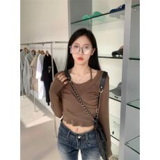 批发莫代尔棉~甜辣妹挂脖<b class='q'>T</b><b class='q'>恤</b>女秋季韩版时尚假两件短款长袖打底上衣