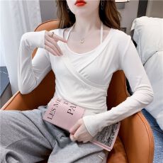 批发莫代尔棉~甜辣妹挂脖<b class='q'>T</b><b class='q'>恤</b>女秋季韩版时尚假两件短款长袖打底上衣