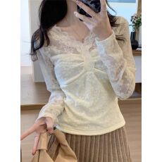 批发原版面料做法，内里加绒~纯欲风V领长袖蕾丝衫女显瘦短款内搭上衣