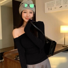 批发<b class='q'>莫代尔</b>92人棉8氨纶260克露肩长袖<b class='q'>T</b><b class='q'>恤</b>女装早秋百搭打底衫上衣