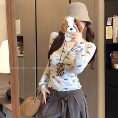 前片双层原版做法，40d涤氨趣味小狗印花T恤女秋季设计感打底衫