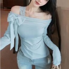 批发40支酷丝绵  秋季新款纯欲设计感<b class='q'>露肩</b>甜美修身收腰显瘦蝴蝶结上衣