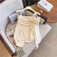 批发40支酷丝绵  秋季新款纯欲设计感<b class='q'>露肩</b>甜美修身收腰显瘦蝴蝶结上衣