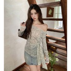 批发40d网纱数码法式复古气质扎染系带收腰上衣薄款打底气质<b class='q'>小衫</b>