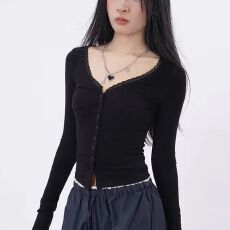 批发40支酷丝绵1×1  纯欲蕾丝边<b class='q'>长袖</b><b class='q'>t</b><b class='q'>恤</b>修身掐腰设计感独特绝美小上衣