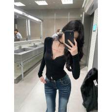 批发40支酷丝绵1×1  纯欲蕾丝边<b class='q'>长袖</b><b class='q'>t</b><b class='q'>恤</b>修身掐腰设计感独特绝美小上衣