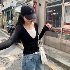 批发40支酷丝绵1×1设计感撞色拼接<b class='q'>T</b><b class='q'>恤</b>女秋季修身假两件<b class='q'>长袖</b>上衣