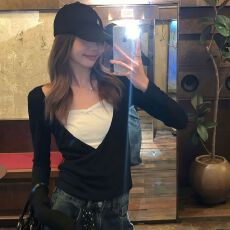 批发40支酷丝绵1×1设计感撞色拼接<b class='q'>T</b><b class='q'>恤</b>女秋季修身假两件<b class='q'>长袖</b>上衣